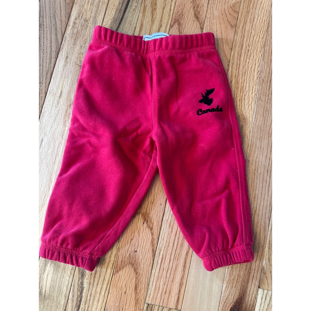 Canadiana Kids Red Fleece Joggers Canada Moose Embroidered Sweatpants 6-12M